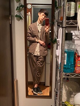 「GU（ジーユー）のアイテム（ノーカラージャケット）」を使った、チーノさん（メンズ・183cm）の春コーディネート