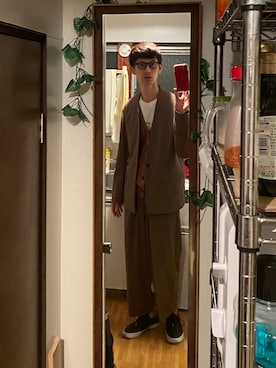 「GU（ジーユー）のアイテム（ノーカラージャケット）」を使った、チーノさん（メンズ・183cm）の春コーディネート