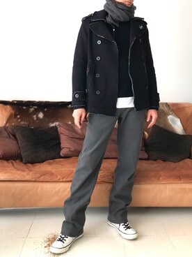 「CONVERSE（コンバース）のCONVERSE  コンバース LEATHER ALL STAR HI  レザーオールスターハイ  32044990  WHITE（スニーカー）」を使った、nouvelle Ark  樋口蒼馬さん（メンズ・177cm）の冬コーディネート