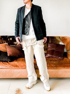 「ノーカラージャケット」｜「アイテム（オールインワン・サロペット）」を使った、nouvelle Ark  樋口蒼馬さん（メンズ・178cm）の秋コーディネート