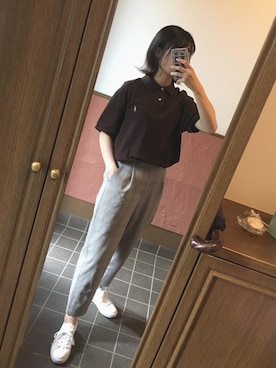 「アイテム（ポロシャツ、ブラウン系）」を使った、さつきさん（レディース・163cm）の夏コーディネート