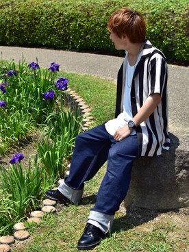 「FIT MIHARAYASUHIRO（フィットミハラヤスヒロ）の【FIT】フラワーストライプシャツ/Flower Stripe Print Shirt（シャツ/ブラウス、ブラック系）」を使った、しゅうさん（メンズ・165cm）の夏コーディネート