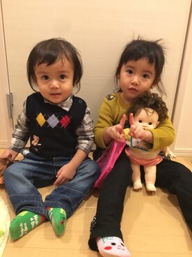 「MIKI HOUSE（ミキハウス）のアイテム（ベスト）」を使った、kkさん（キッズ・90cm）の冬コーディネート
