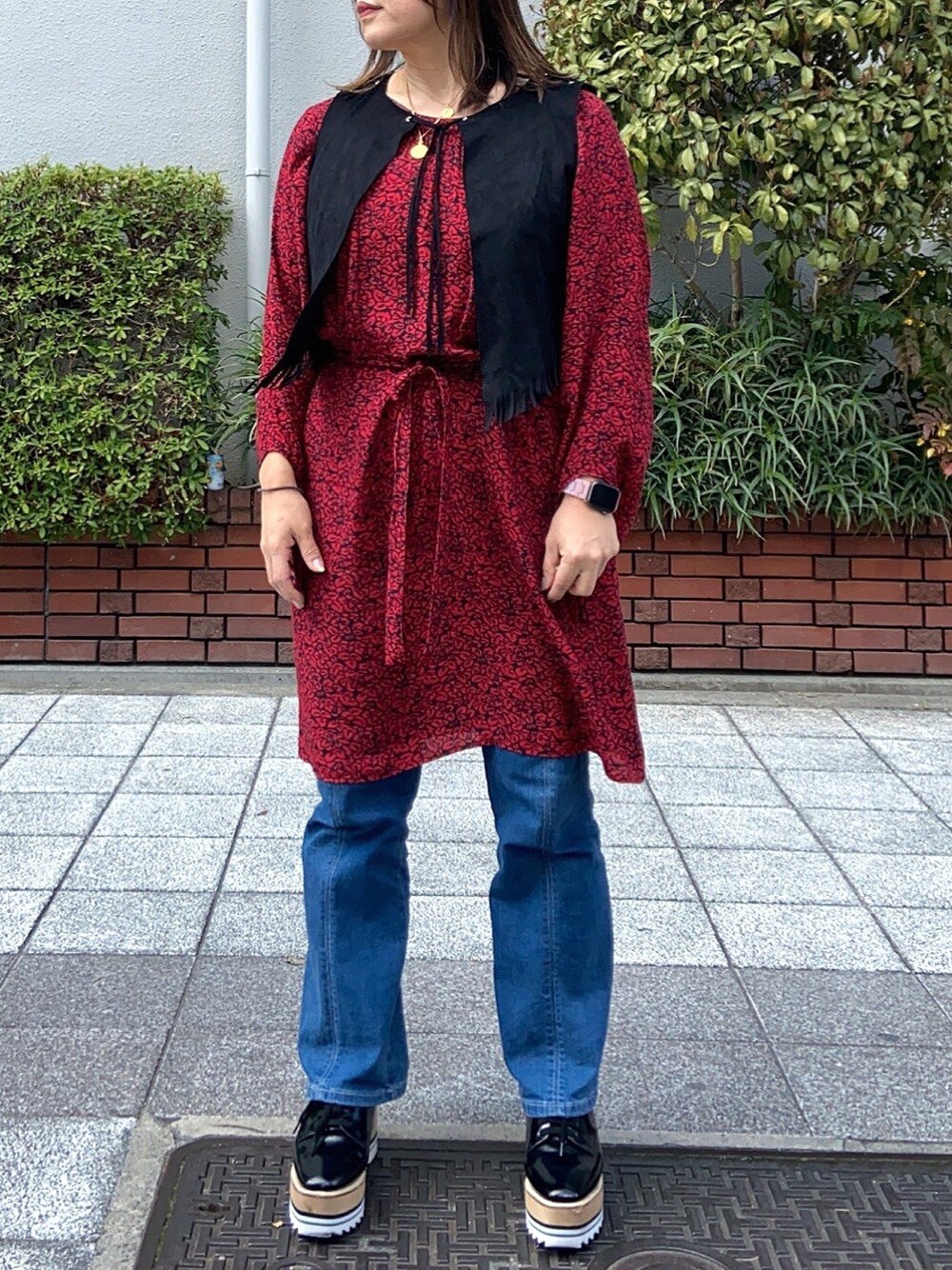 「オトナ女子、ワンピース、きれいめカジュアル、今日のコーデ」｜「Kastaneの袖ボリューム総柄ワンピース（ワンピース、レッド系）」を使った、9mik0525さん（レディース・162cm）の春コーディネートの1枚目の写真