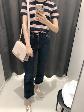 「ZARA（ザラ）のアイテム（デニムパンツ、ブルー系）」を使った、士多啤梨さん（レディース・170cm）の夏コーディネート