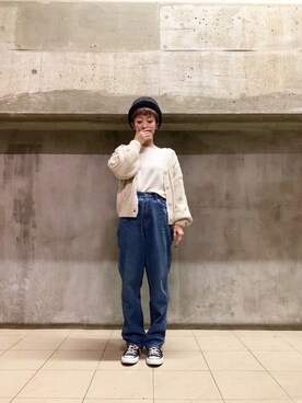「ケーブルカーディガン」｜「アイテム（ハンチング/ベレー帽）」を使った、aykさん（レディース・156cm）の秋コーディネート