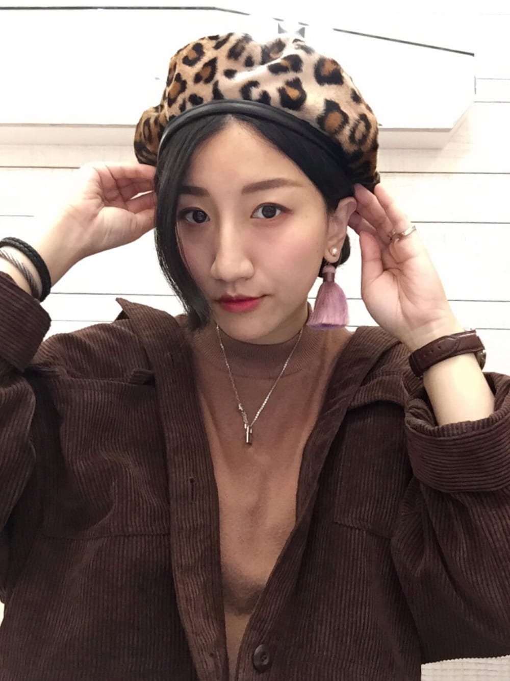 「ひょう柄、秋冬、秋のコーデ」｜「QUEEN SHOPのアイテム（ハンチング/ベレー帽、ブラウン系）」を使った、𝒮さん（レディース・160cm）の秋コーディネートの1枚目の写真