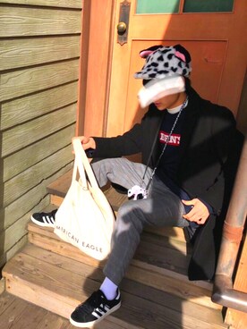 「JUNRED（ジュンレッド）のアイテム（チェスターコート）」を使った、たか丼さん（メンズ・170cm）の冬コーディネート
