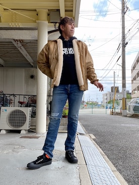 「M&M（エムアンドエム）のアイテム（その他アウター）」を使った、つったんさん（メンズ・182cm）の春コーディネート