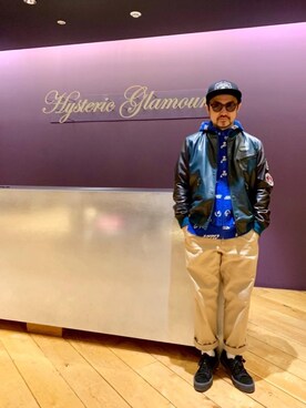 「HYSTERIC GLAMOUR（ヒステリックグラマー）のHYS WHISKY柄 刺繍キャップ（キャップ）」を使った、ＭＩＮＥさん（メンズ・168cm）の冬コーディネート