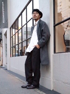「グレンチェック」｜「アイテム（ハンチング/ベレー帽）」を使った、明賀健太さん（メンズ・178cm）の冬コーディネート