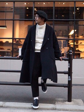 「新年一発目」｜「アイテム（ハンチング/ベレー帽）」を使った、明賀健太さん（メンズ・178cm）の冬コーディネート