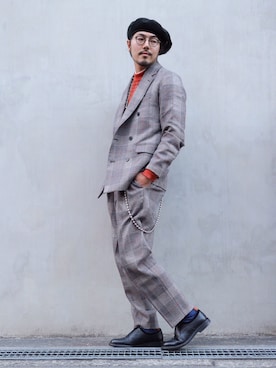 「グレンチェック」｜「アイテム（ハンチング/ベレー帽）」を使った、明賀健太さん（メンズ・178cm）の冬コーディネート