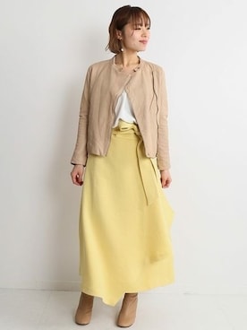 「イエロー」｜「アイテム（ライダースジャケット）」を使った、sayuさん（レディース・156cm）の冬コーディネート