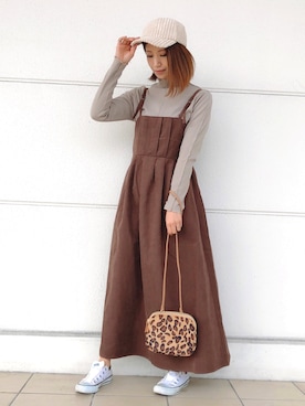 「Green　Parks（グリーンパークス）のアウトメローロックハイネックカットインナー＊（Tシャツ/カットソー）」を使った、YU-HAさん（レディース・163cm）の秋コーディネート