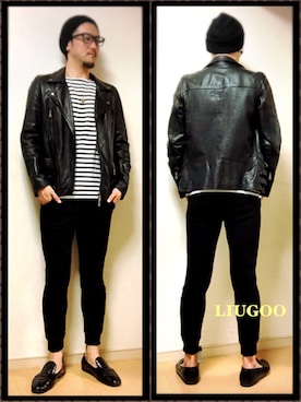 「アンクルパンツ」｜「アイテム（ライダースジャケット）」を使った、YUSUKE.N【LIUGOO】さん（メンズ・175cm）の春コーディネート