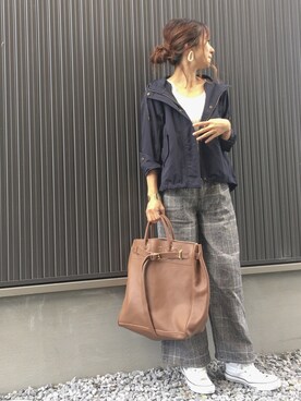 「グレンチェック」｜「アイテム（マウンテンパーカー）」を使った、Haru☆さん（レディース・153cm）の秋コーディネート