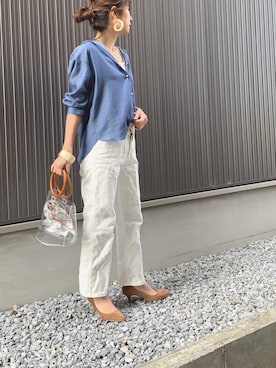 「ADAM ET ROPE'（アダムエロペ）のクリアバケツ巾着バッグ（ハンドバッグ）」を使った、Haru☆さん（レディース・153cm）の春コーディネート