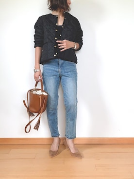 「テーパードデニム」｜「アイテム（ノーカラージャケット）」を使った、Haru☆さん（レディース・153cm）の秋コーディネート