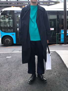 「パラブーツ」｜「アイテム（ステンカラーコート）」を使った、おっちーさん（メンズ・168cm）の春コーディネート