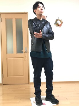 「スウエット」｜「アイテム（ライダースジャケット）」を使った、ナットさん（メンズ・175cm）の冬コーディネート