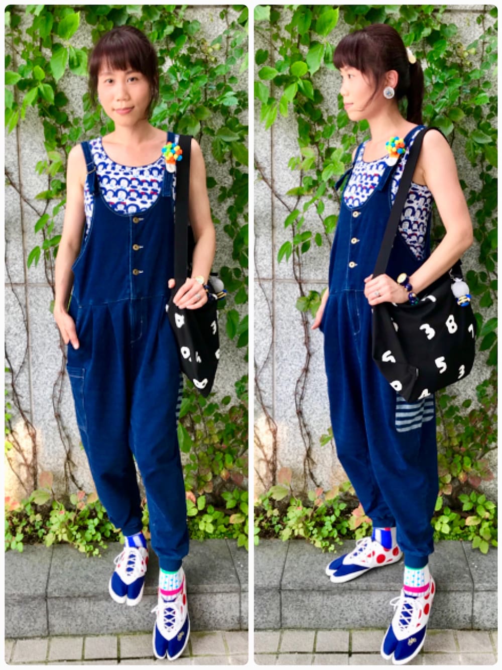 ブラック系のショルダーバッグ、ブルー系のスニーカー、ブルー系のチューブトップを着用したレディースの夏コーディネートの1枚目の写真