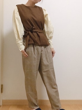 「kushのアイテム（トップス、ブラウン系）」を使った、みさみささん（レディース・158cm）の秋コーディネート