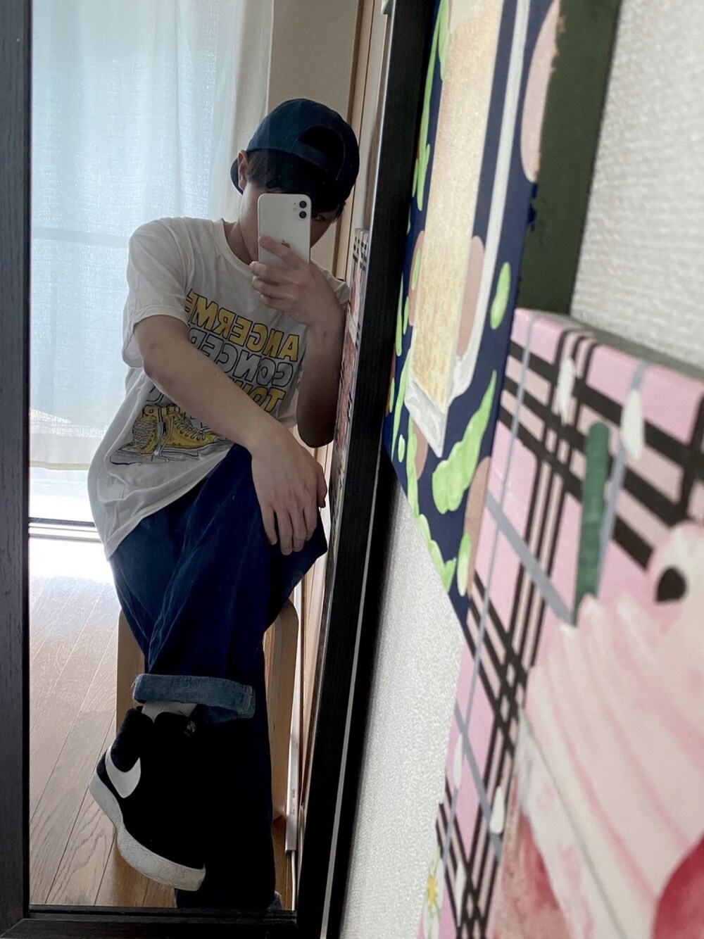 「ゆるコーデ、ライブTシャツ、ビッグT、ビッグシルエット、NIKE、スニーカーコーデ、キャップ、ハロプロ、アンジュルム」｜「Championの【Champion】ベースボールキャップ（キャップ、ブルー系）」を使った、羽ペンギンさん（メンズ・170cm）の夏コーディネートの1枚目の写真