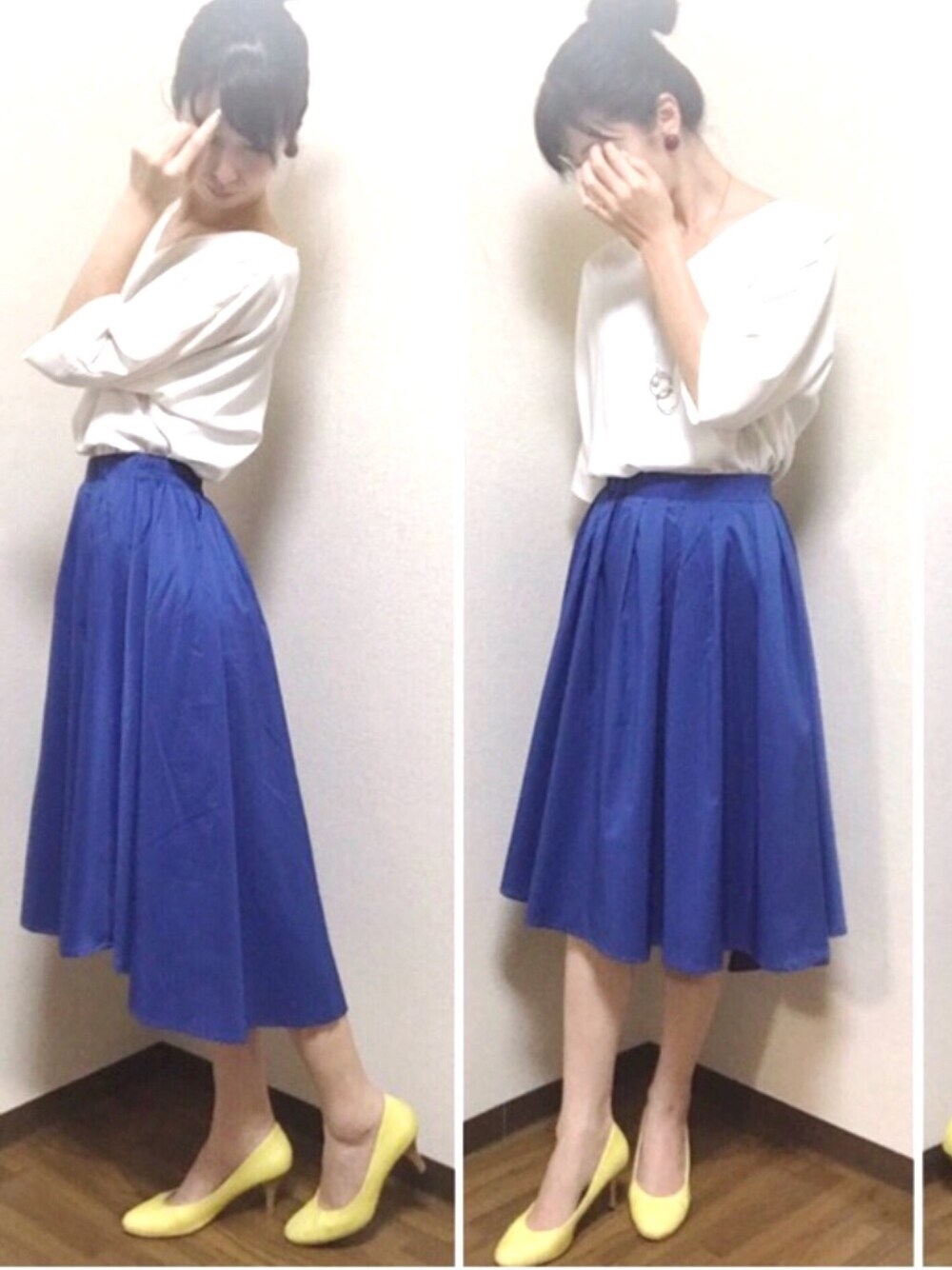 ホワイト系のシャツ/ブラウス、イエロー系のパンプス、ブルー系のスカートを着用したレディースの春コーディネートの1枚目の写真