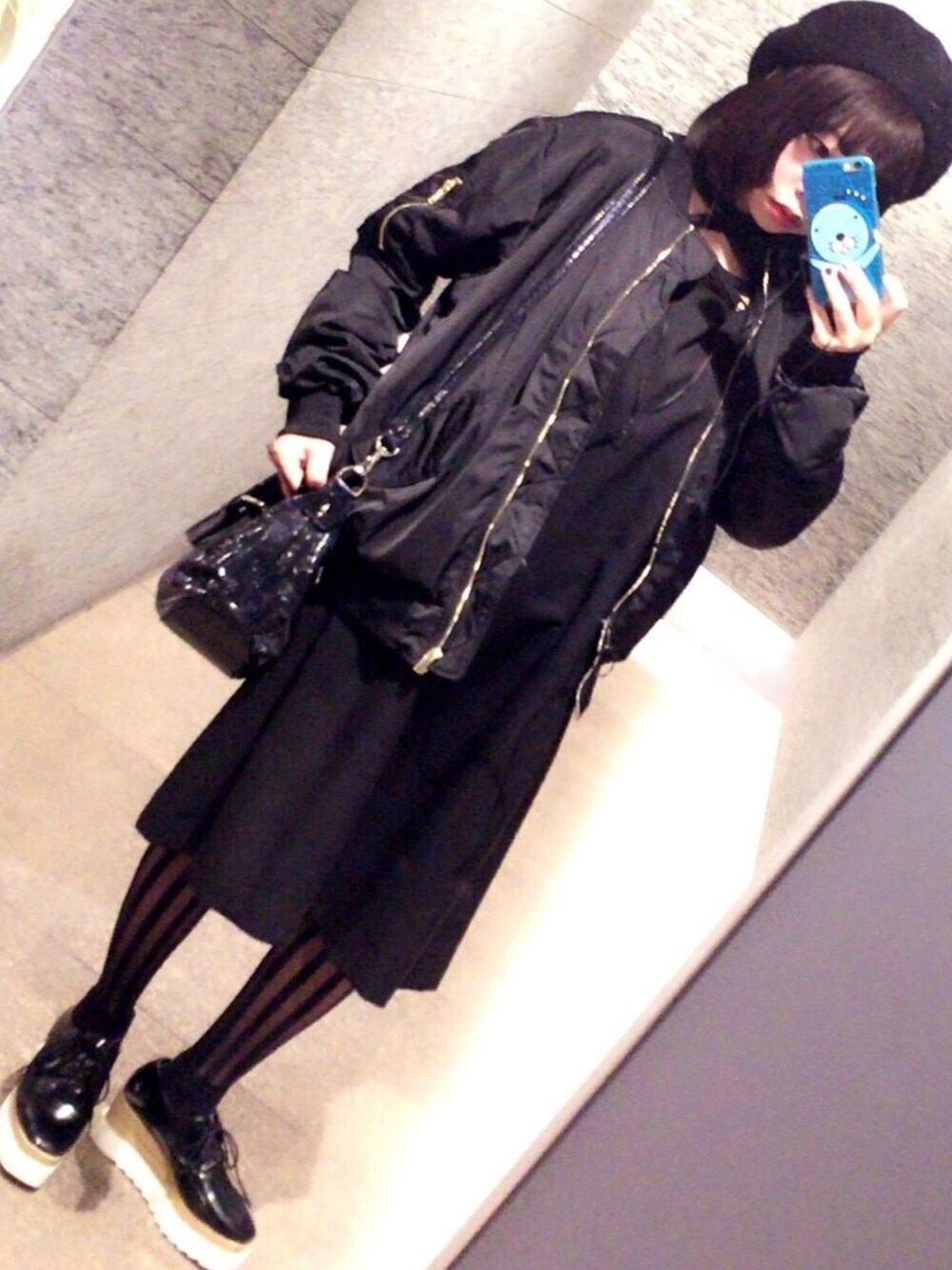 「黒、ベレー、ストライプ、厚底、ワンカラー、MA-1」｜「Angelic Prettyのアイテム（ハンチング/ベレー帽、ブラック系）」を使った、ルルぴさん（レディース・150cm）の春コーディネートの1枚目の写真