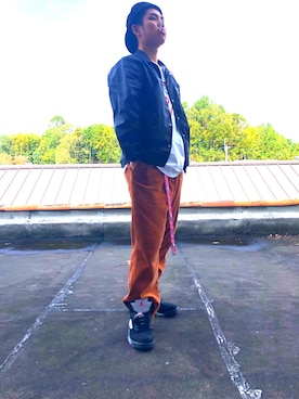 「STUSSY（ステューシー）のアイテム（ナイロンジャケット）」を使った、松本一誠さん（メンズ・167cm）の秋コーディネート