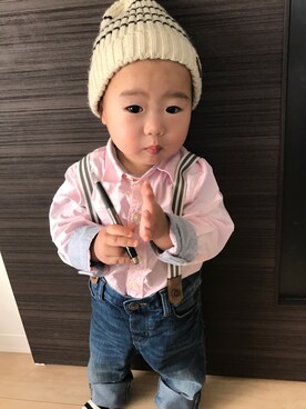 「キッスコーデ」｜「アイテム（ニットキャップ/ビーニー）」を使った、なゆらむさん（キッズ・80cm）の春コーディネート