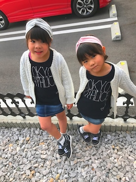 「Moujonjon（ムージョンジョン）のアイテム（レッグウェア）」を使った、なゆらむさん（キッズ・110cm）の春コーディネート