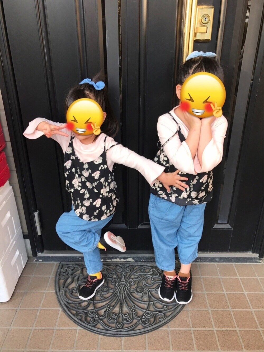 「キッズコーデ、姉妹コーデ、リンクコーデ、4歳、5歳」｜「THE SHOP TK の七分丈ラッパ袖プルオーバー（Tシャツ/カットソー、ピンク系）」を使った、なゆらむさん（キッズ・110cm）の春コーディネートの1枚目の写真