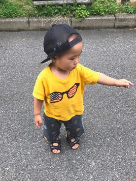「半ズボン」｜「アイテム（キャップ）」を使った、なゆらむさん（キッズ・80cm）の夏コーディネート