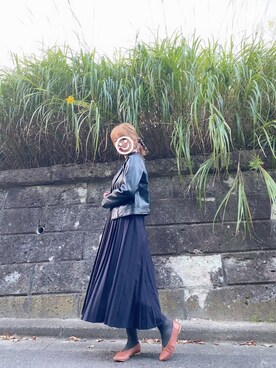 「MAJESTIC LEGON（マジェスティックレゴン）のアイテム（ライダースジャケット）」を使った、anさん（レディース・165cm）の冬コーディネート