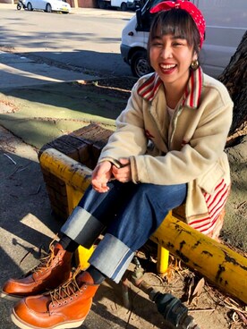 「RED WING（レッドウィング）のアイテム（ブーツ、ブラウン系）」を使った、Chermeddさん（レディース）の春コーディネート