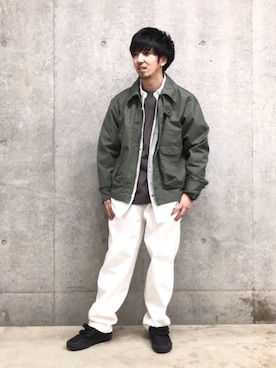 「USAコットン」｜「アイテム（ミリタリージャケット）」を使った、松本幸弦さん（メンズ・162cm）の春コーディネート