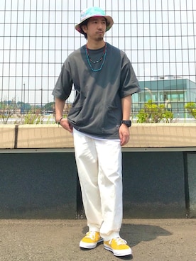 「USAコットン」｜「アイテム（帽子）」を使った、松本幸弦さん（メンズ・162cm）の夏コーディネート