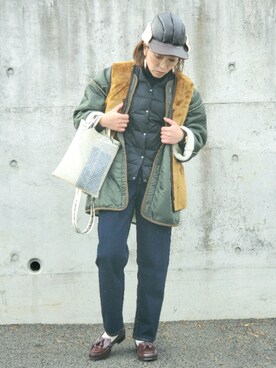 「Ray BEAMS（レイビームス）のアイテム（モッズコート）」を使った、かーちんさん（レディース・156cm）の冬コーディネート