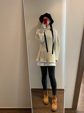 「A land（エーランド）のアイテム（帽子）」を使った、Ins@Junlaylaさん（レディース・165cm）の冬コーディネート