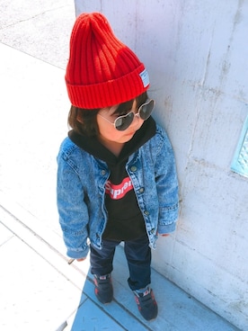 「子供服」｜「アイテム（デニムジャケット）」を使った、r_kunさん（キッズ・100cm）の冬コーディネート