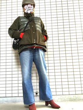 「アイテム（ブーティ、レッド系）」を使った、8aaaaayanさん（レディース・157cm）の冬コーディネート