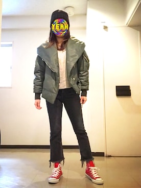 「フレアデニム」｜「アイテム（MA-1）」を使った、8aaaaayanさん（レディース・157cm）の春コーディネート