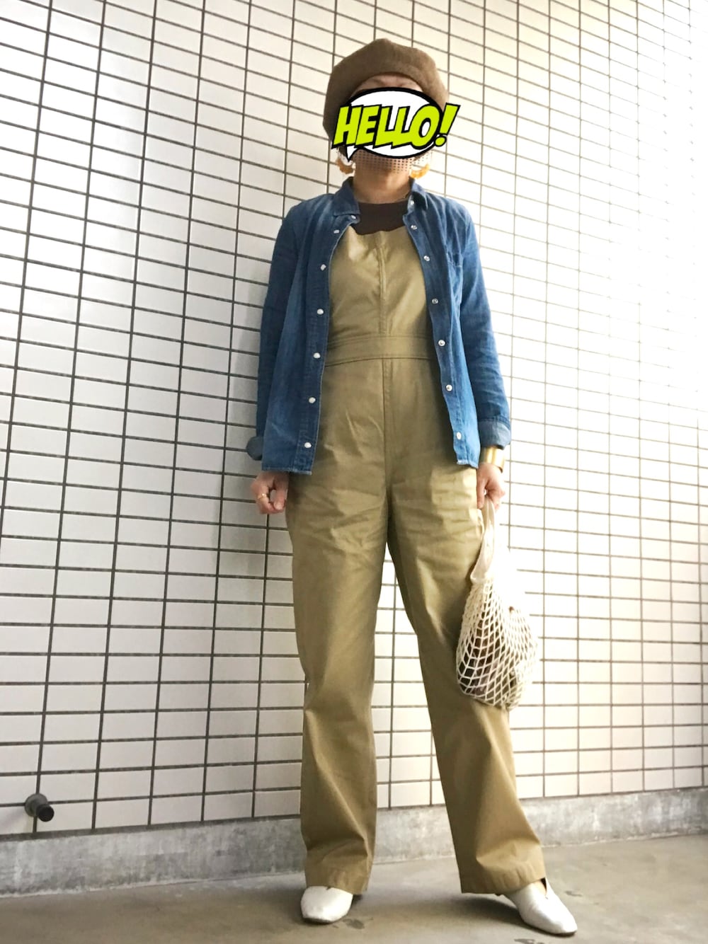 「オーバーオール、デニムシャツ、ネットバッグ、outfit」｜「CA4LAのアイテム（ハンチング/ベレー帽、ブラウン系）」を使った、8aaaaayanさん（レディース・157cm）の春コーディネートの1枚目の写真