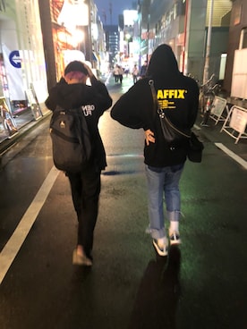 「Supreme （シュプリーム）のアイテム（パーカー、ブラック系）」を使った、🔪🍅さん（メンズ・169cm）の冬コーディネート