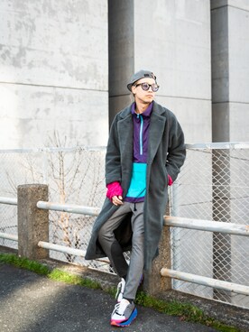 「glamb（グラム）のアイテム（チェスターコート）」を使った、maruさん（メンズ・186cm）の冬コーディネート
