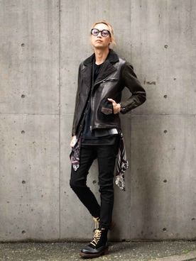 「glamb（グラム）のアイテム（ライダースジャケット）」を使った、maruさん（メンズ・186cm）の春コーディネート