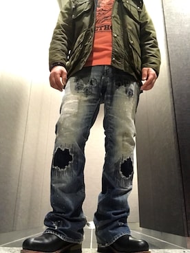 「WTAPS（ダブルタップス）のアイテム（ミリタリージャケット、グリーン系）」を使った、wtapsおじさんさん（メンズ・171cm）の冬コーディネート