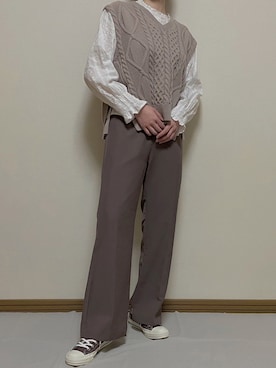 「one after another NICE CLAUP（ワンアフターアナザーナイスクラップ）のアイテム（スラックス、ブラウン系）」を使った、macoさん（レディース・163cm）の冬コーディネート